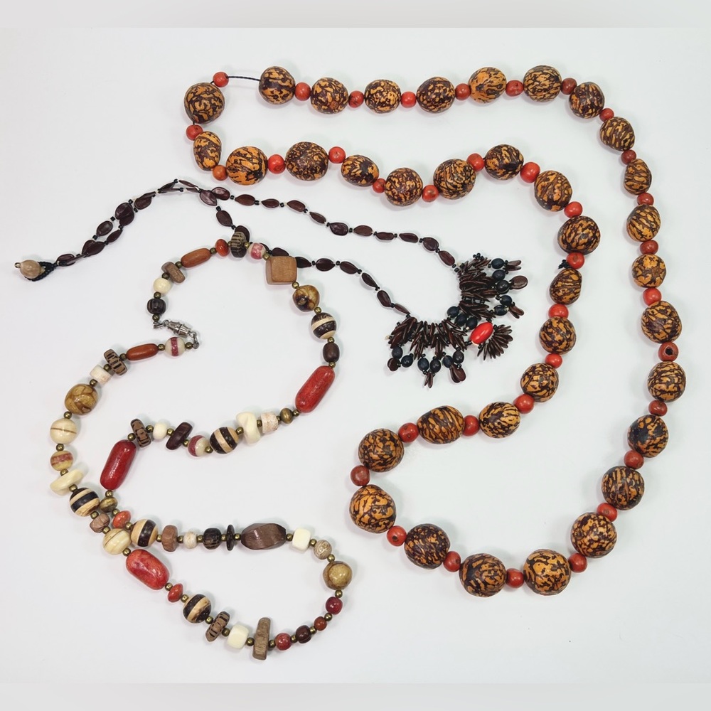 Set of 3 Vintage African Tribal Necklaces Handcrafted Beaded Wood Bone Jewelry - Picture 5 of 8
